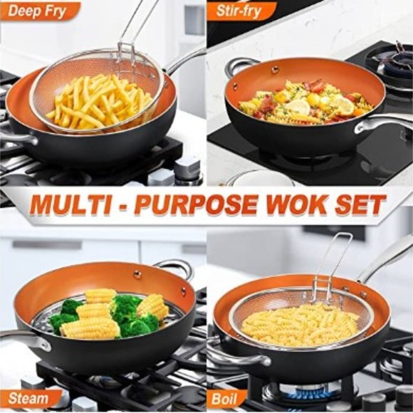 MICHELANGELO: 5 Qt/11" - Nonstick Wok/Stir Fry Pan w/ Lid + Basket + Steam Rack - Picture 3 of 11
